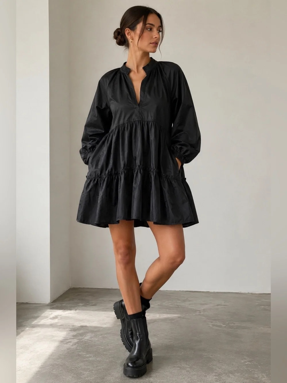 Aritzia Black Puff-Sleeve Tiered Mini Dress